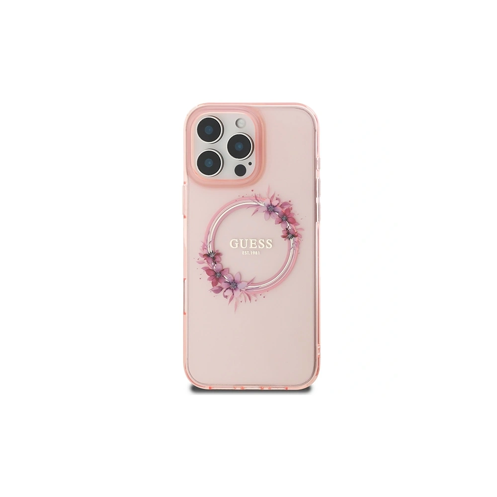 Etui Guess GUHMP16XHFWFCP Apple iPhone 16 Pro Max hardcase IML Flowers Wreath MagSafe różowy/pink