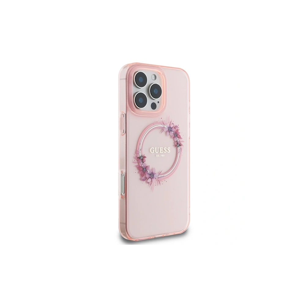 Etui Guess GUHMP16XHFWFCP Apple iPhone 16 Pro Max hardcase IML Flowers Wreath MagSafe różowy/pink