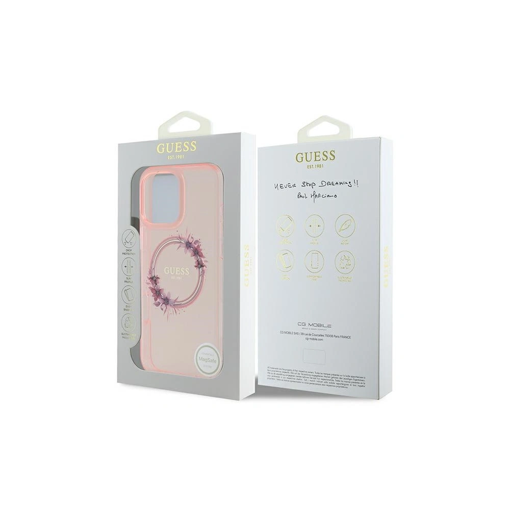 Etui Guess GUHMP16XHFWFCP Apple iPhone 16 Pro Max hardcase IML Flowers Wreath MagSafe różowy/pink