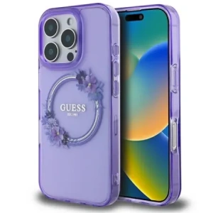 Buy Guess GUHMP16LHFWFCU Apple iPhone 16 Pro hardcase IML Flowers Wreath MagSafe purple - GUE3629 - {ean13} - Home Screen Store Europe