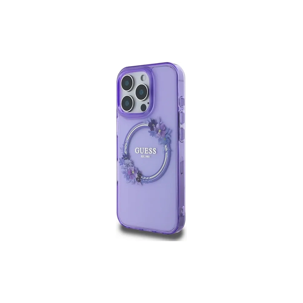 Etui Guess GUHMP16LHFWFCU Apple iPhone 16 Pro hardcase IML Flowers Wreath MagSafe fioletowy/purple