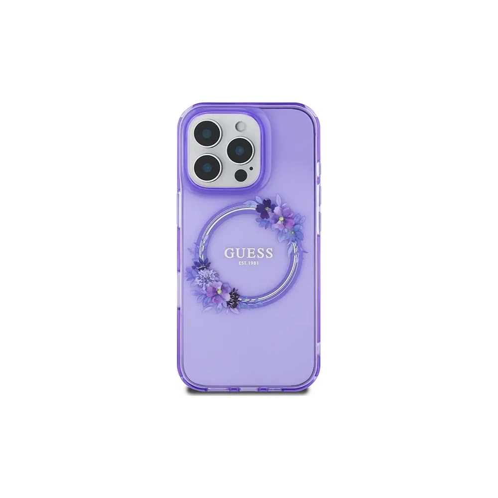 Etui Guess GUHMP16LHFWFCU Apple iPhone 16 Pro hardcase IML Flowers Wreath MagSafe fioletowy/purple
