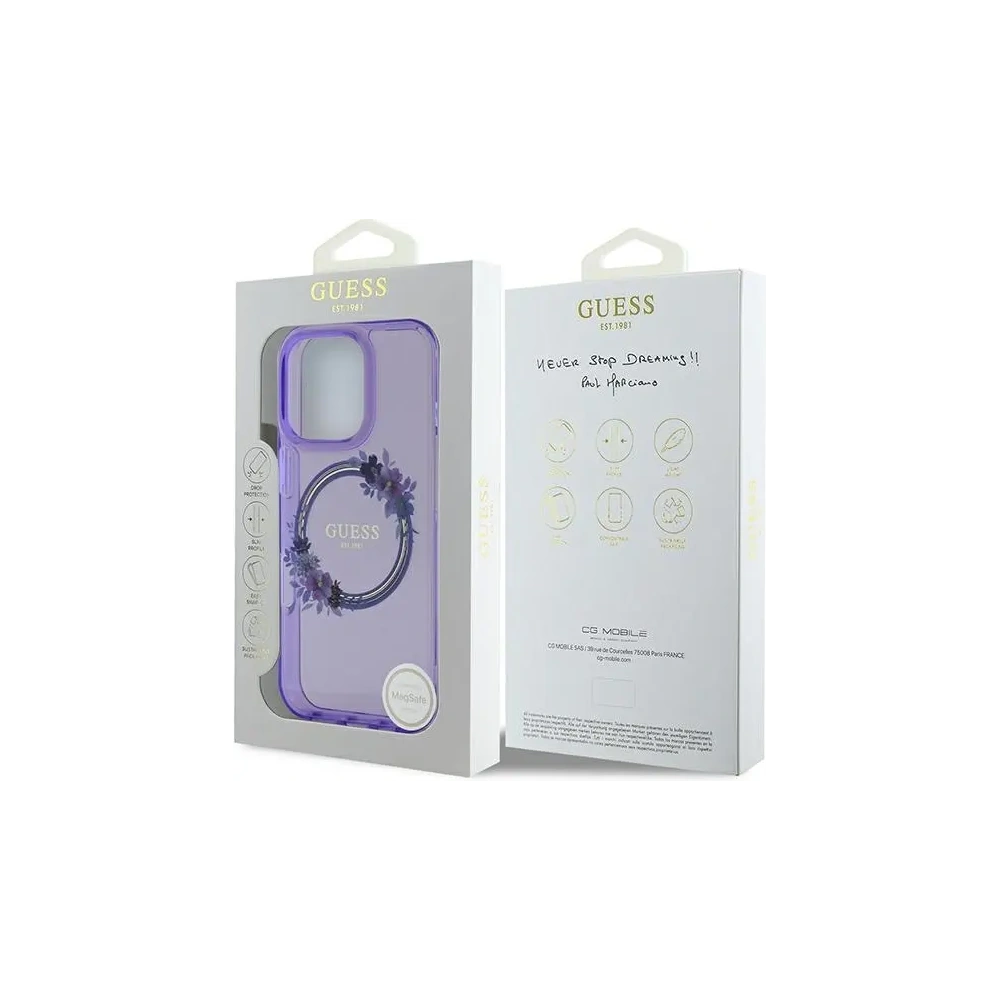 Etui Guess GUHMP16LHFWFCU Apple iPhone 16 Pro hardcase IML Flowers Wreath MagSafe fioletowy/purple
