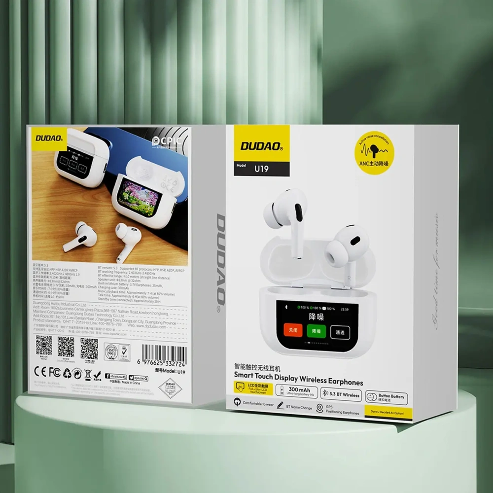 Bezprzewodowe słuchawki dokanałowe TWS Dudao U19 Bluetooth 5.3 z wyświetlaczem LED białe
