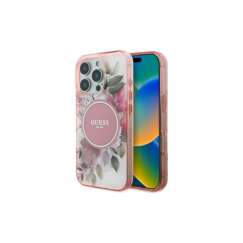 Etui Guess GUHMP16LHFWBDCEP Apple iPhone 16 Pro hardcase IML Flower & Tonal Circle MagSafe różowy/pink
