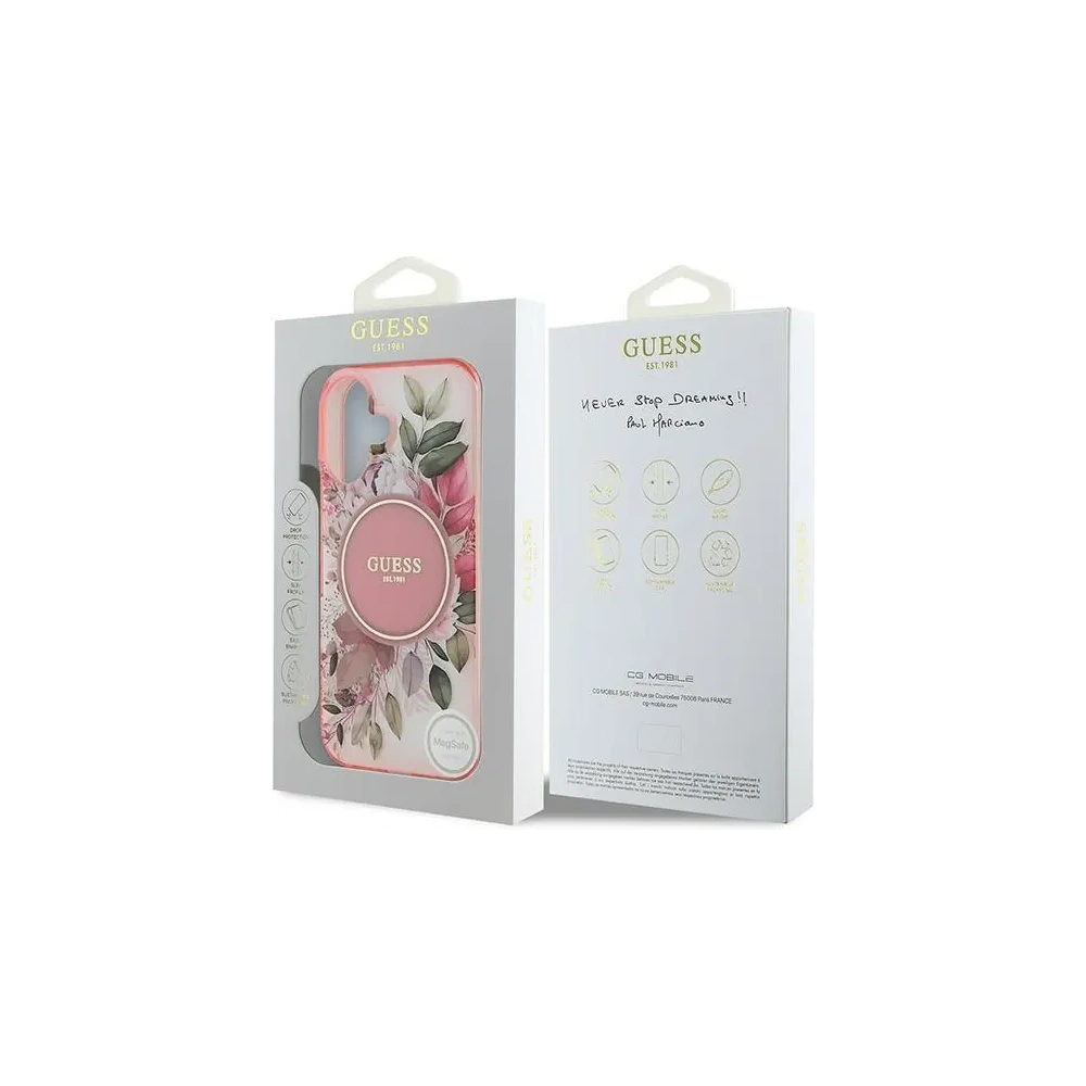 Etui Guess GUHMP16MHFWBDCEP Apple iPhone 16 Plus hardcase IML Flower & Tonal Circle MagSafe różowy/pink