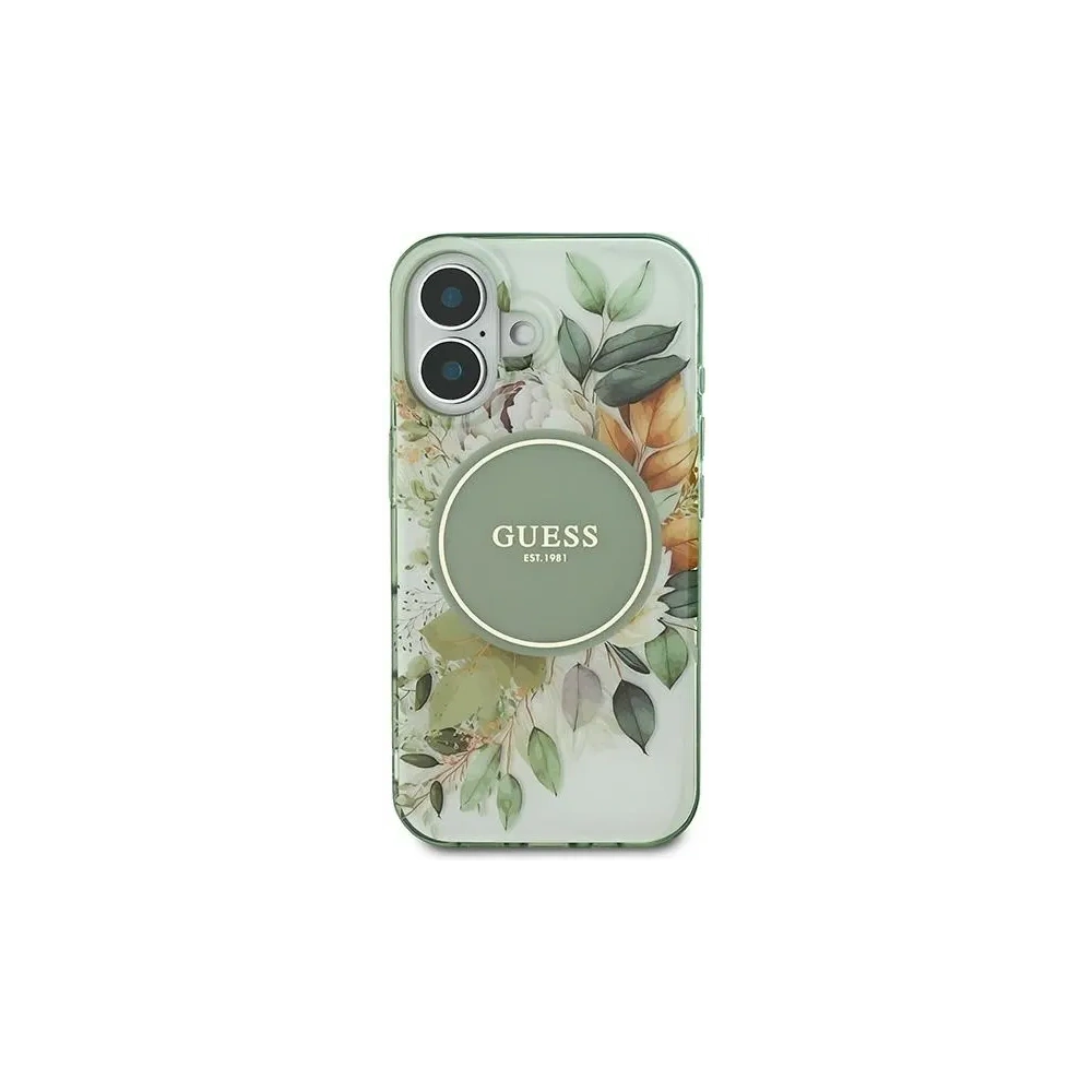 Etui Guess GUHMP16SHFWBDCEN Apple iPhone 16 hardcase IML Flower & Tonal Circle MagSafe zielony/green