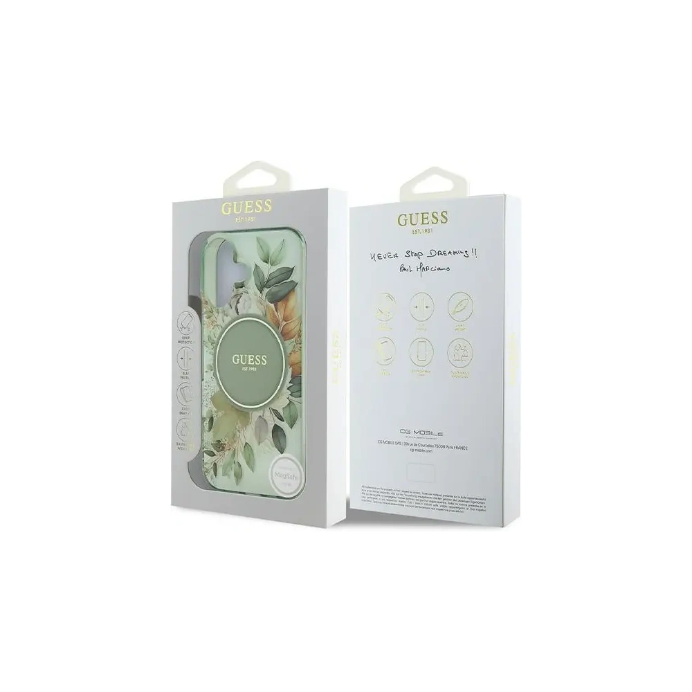 Etui Guess GUHMP16SHFWBDCEN Apple iPhone 16 hardcase IML Flower & Tonal Circle MagSafe zielony/green
