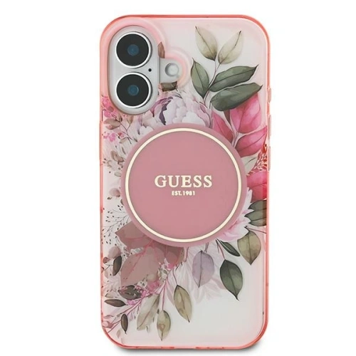 Buy Guess GUHMP16SHFWBDCEP Apple iPhone 16 hardcase IML Flower & Tonal Circle MagSafe pink - GUE3635 - {ean13} - Home Screen Store Europe