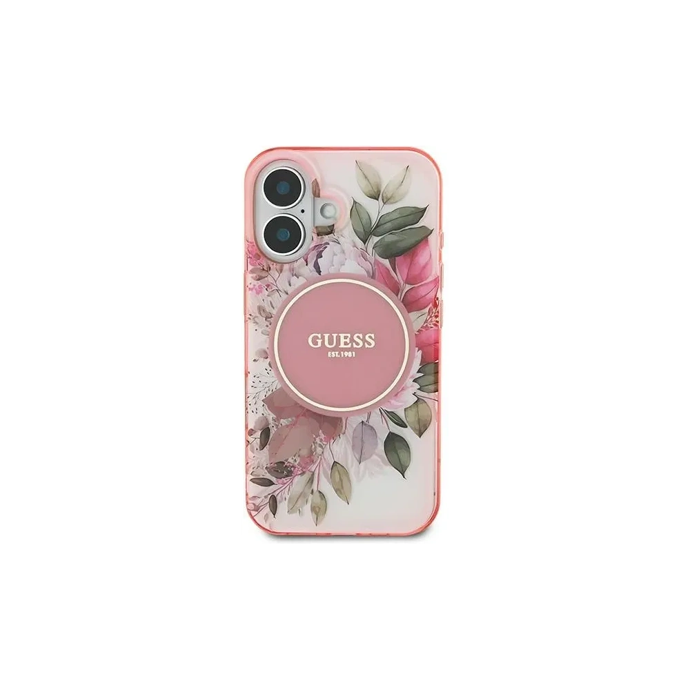 Etui Guess GUHMP16SHFWBDCEP Apple iPhone 16 hardcase IML Flower & Tonal Circle MagSafe różowy/pink