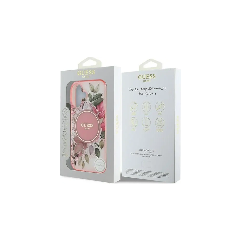 Etui Guess GUHMP16SHFWBDCEP Apple iPhone 16 hardcase IML Flower & Tonal Circle MagSafe różowy/pink