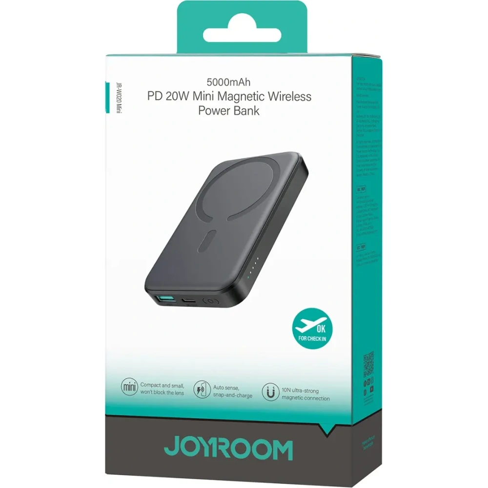 Powerbank Joyroom JR-W020 Mini 5000mAh 20W USB-A USB-C MagSafe czarny + kabel USB-C / USB-C