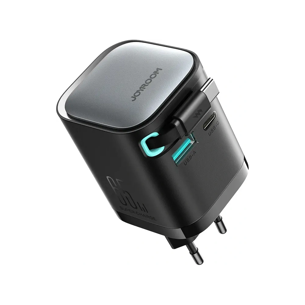 Ładowarka sieciowa GaN Joyroom JR-TCL02 65W USB-A, USB-C z wbudowanym kablem USB-C czarna