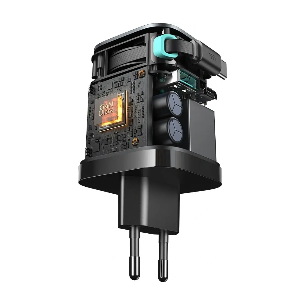 Ładowarka sieciowa GaN Joyroom JR-TCL02 65W USB-A, USB-C z wbudowanym kablem USB-C czarna