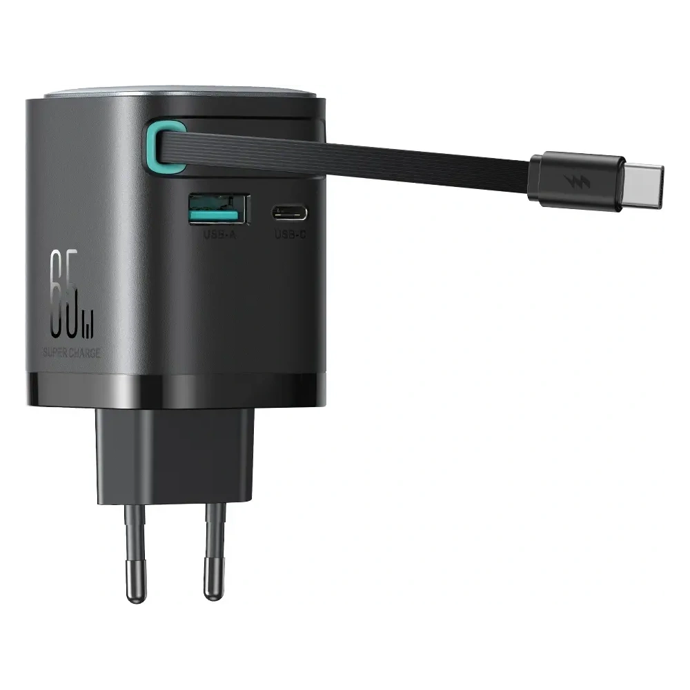 Ładowarka sieciowa GaN Joyroom JR-TCL02 65W USB-A, USB-C z wbudowanym kablem USB-C czarna