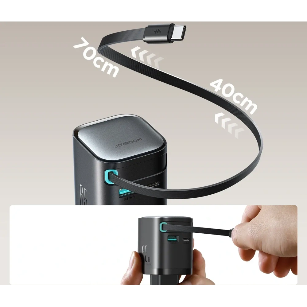 Ładowarka sieciowa GaN Joyroom JR-TCL02 65W USB-A, USB-C z wbudowanym kablem USB-C czarna