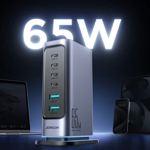 Kup Ładowarka sieciowa Joyroom JR-TCM02 wieloportowa GaN 65W 2xUSB-A, 4xUSB-C ciemnoszara - JYR1043 - {ean13} - Sklep Home Screen