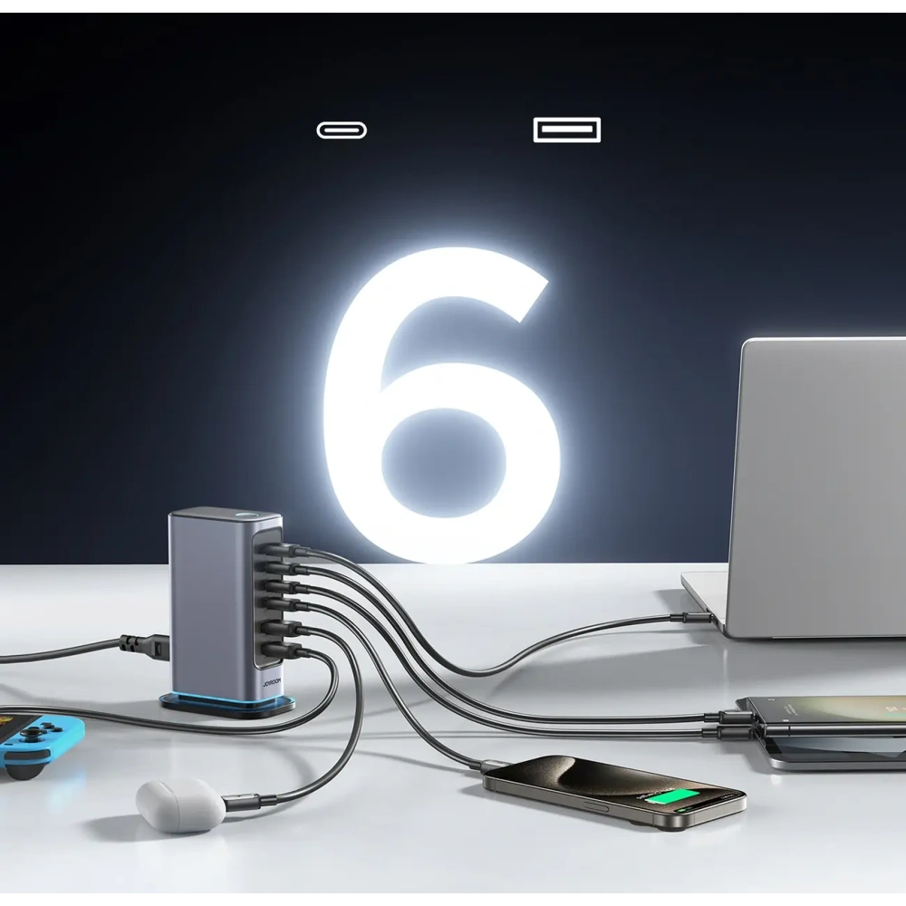 Ładowarka sieciowa Joyroom JR-TCM02 wieloportowa GaN 65W 2xUSB-A, 4xUSB-C ciemnoszara