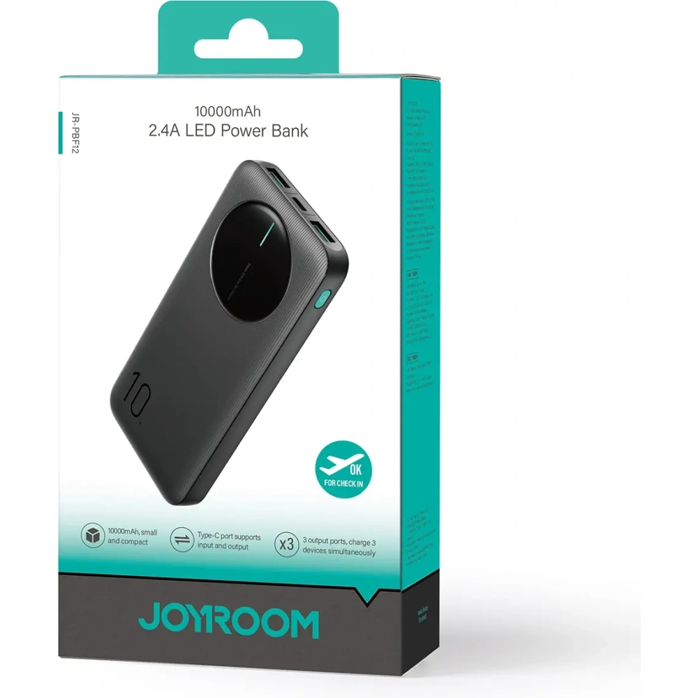 Powerbank Joyroom JR-PBF12 10000mAh 12W 2.4A 2xUSB-A, USB-C czarny