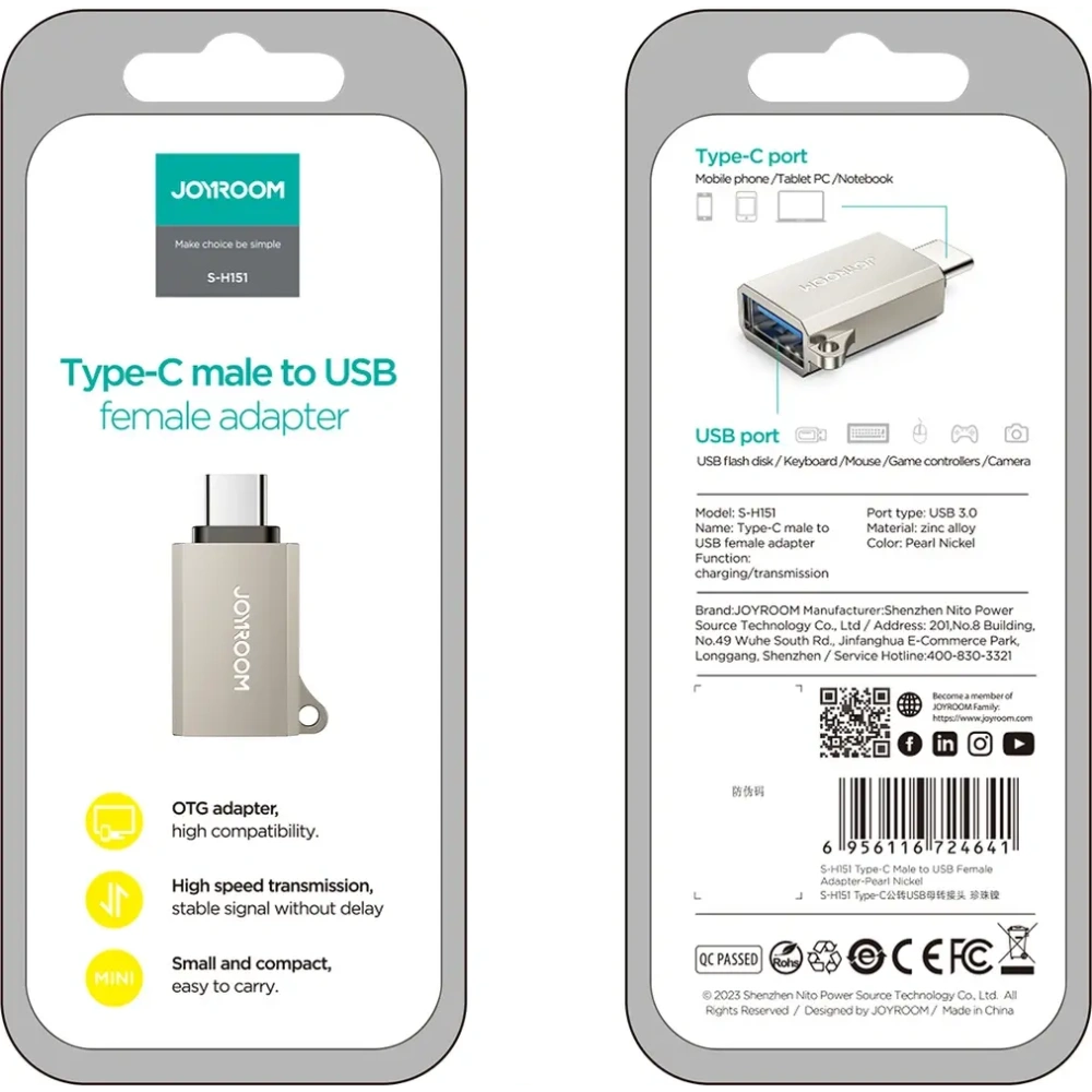 Adapter Joyroom S-H151 USB-C (męski) / USB-A (żeński) z oczkiem na smycz srebrny