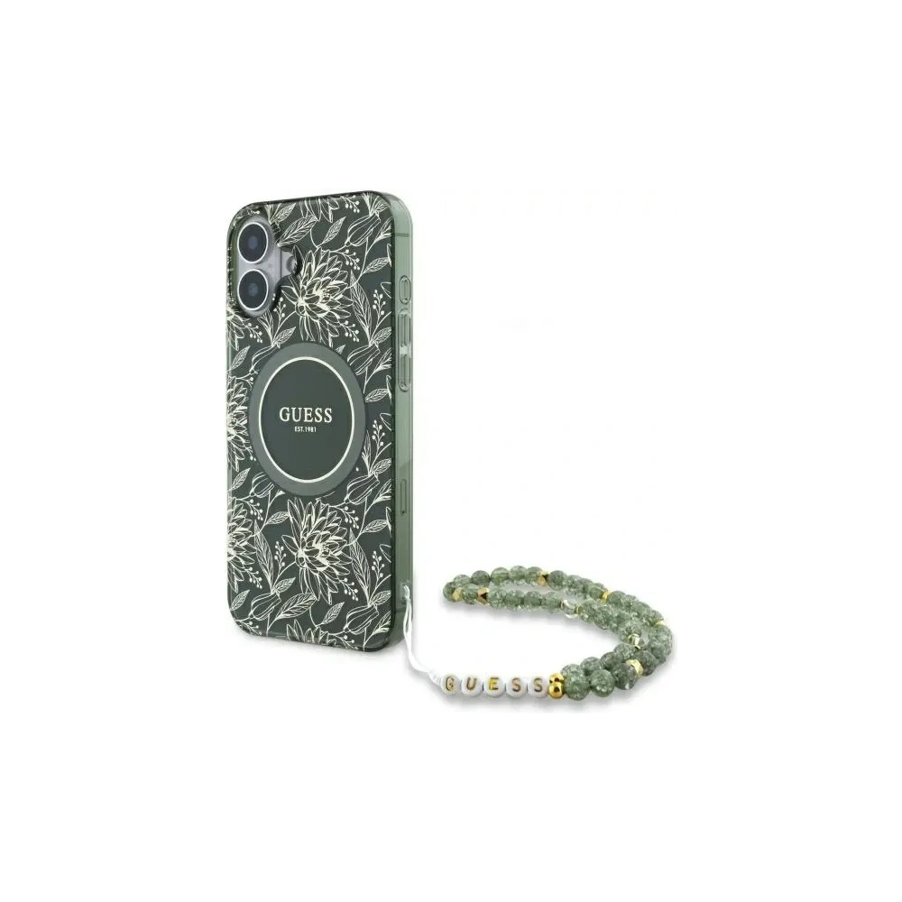 Etui Guess GUHMP16MHCPOFPA Apple iPhone 16 Plus hardcase IML Flowers Allover Electro With Pearl Strap MagSafe zielony/green