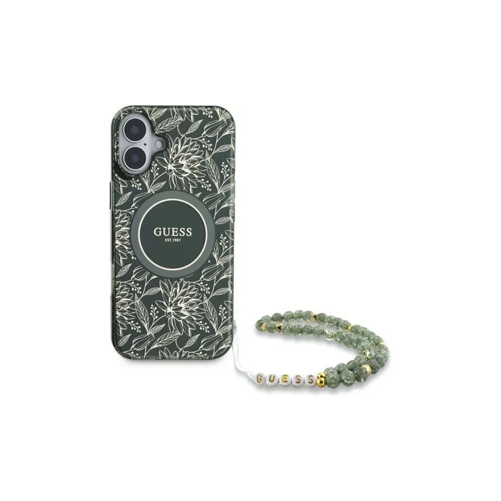 Etui Guess GUHMP16MHCPOFPA Apple iPhone 16 Plus hardcase IML Flowers Allover Electro With Pearl Strap MagSafe zielony/green