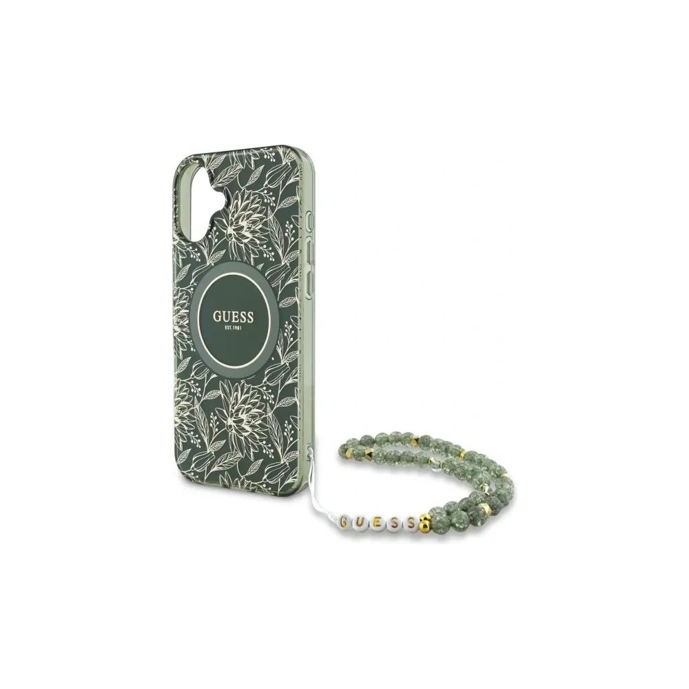 Etui Guess GUHMP16SHCPOFPA Apple iPhone 16 hardcase IML Flowers Allover Electro With Pearl Strap MagSafe zielony/green