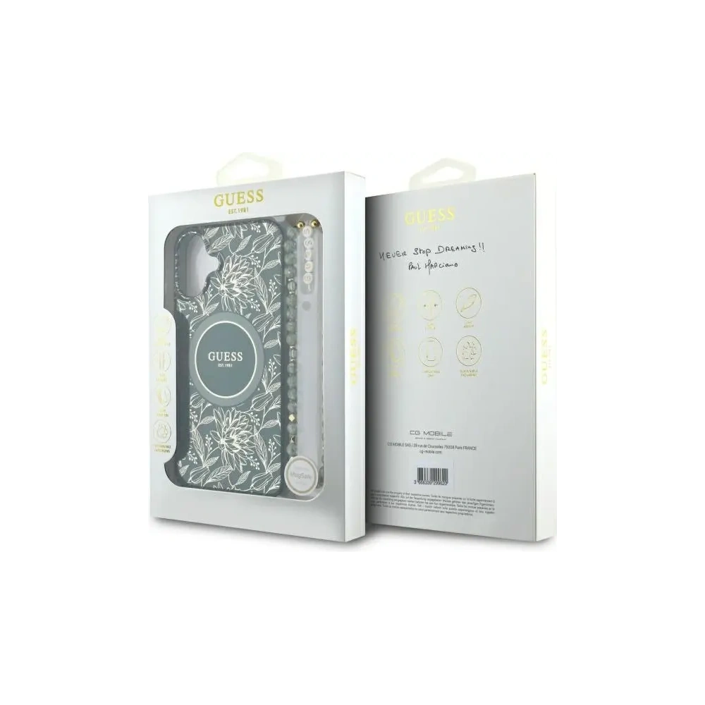 Etui Guess GUHMP16SHCPOFPA Apple iPhone 16 hardcase IML Flowers Allover Electro With Pearl Strap MagSafe zielony/green