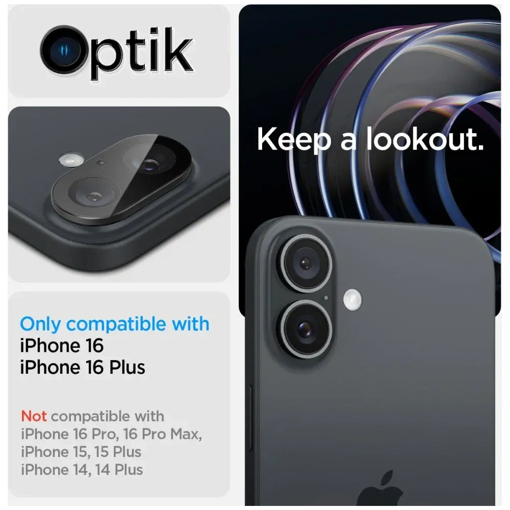 Szkło hartowane na aparat Spigen GLAS.tR Ez Fit Optik Pro Camera Protector Apple iPhone 16 / 16 Plus Black [2 PACK]
