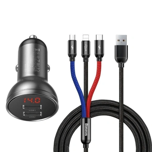 Kup Autonabíječka Baseus s displejem 24W + USB kabel 3w1 Baseus Tři primární barvy 1,2m - BSU1139 - {ean13} - Sklep Home Screen