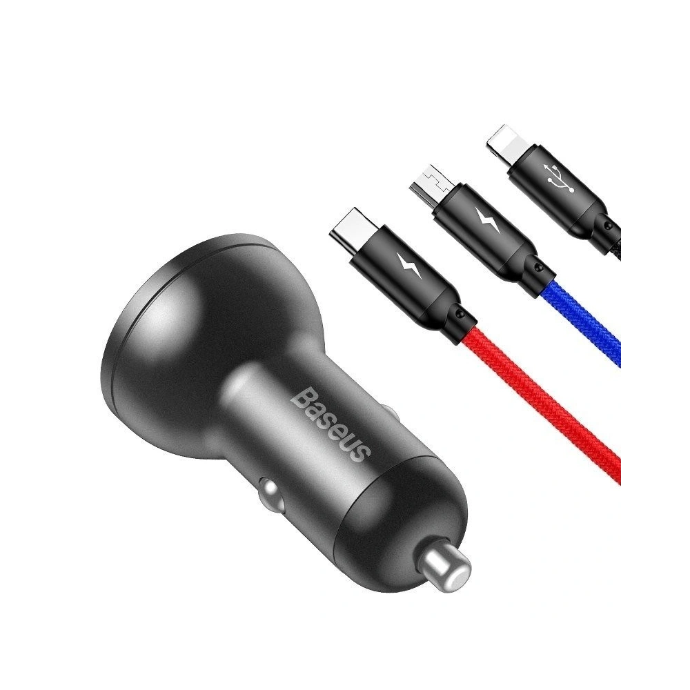 Ładowarka samochodowa Baseus z wyświetlaczem 24W + kabel USB 3w1 Baseus Three Primary Colors 1,2m