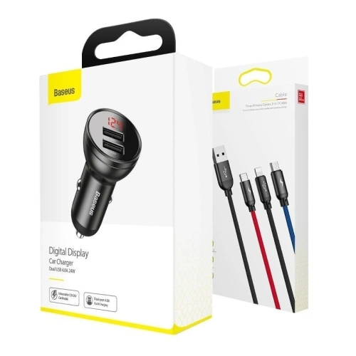 Kup Autonabíječka Baseus s displejem 24W + USB kabel 3w1 Baseus Tři primární barvy 1,2m - BSU1139 - {ean13} - Sklep Home Screen