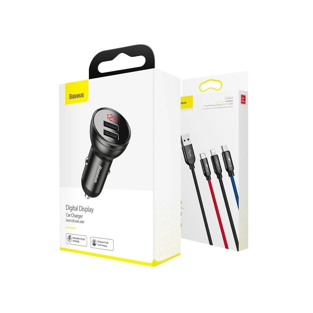 Ładowarka samochodowa Baseus z wyświetlaczem 24W + kabel USB 3w1 Baseus Three Primary Colors 1,2m