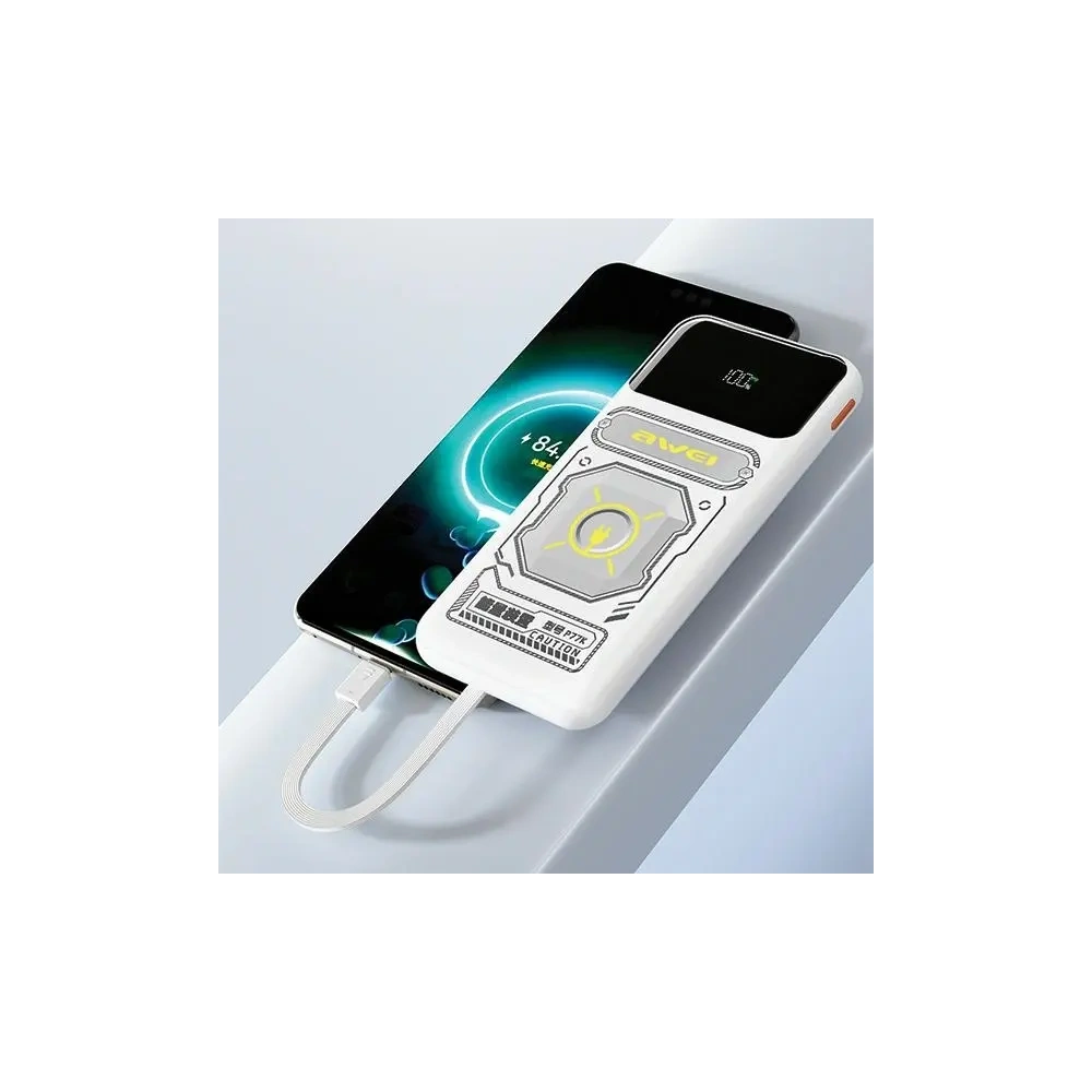 Powerbank AWEI P77K 10000mAh 22.5W z wbudowanym kablami Lightning, USB-C czarny/black