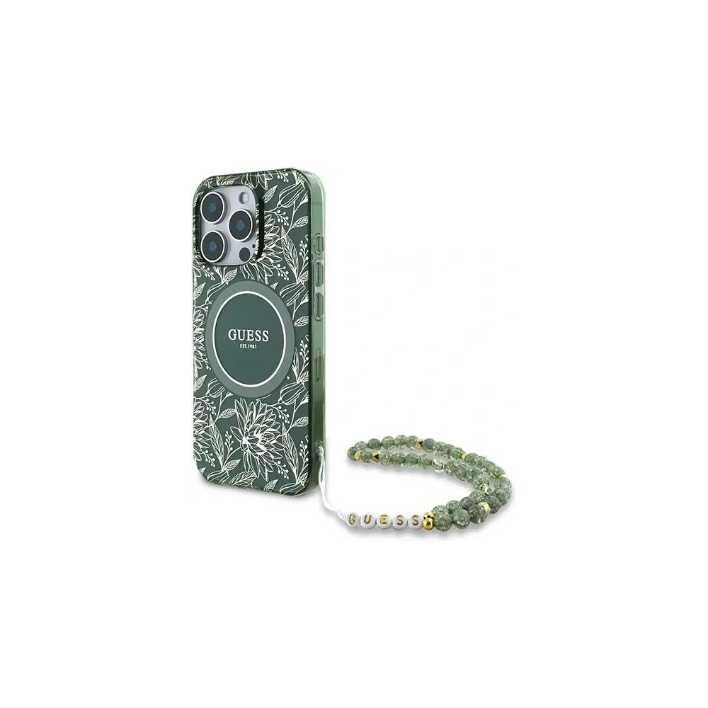 Etui Guess GUHMP16LHCPOFPA Apple iPhone 16 Pro hardcase IML Flowers Allover Electro With Pearl Strap MagSafe zielony/green