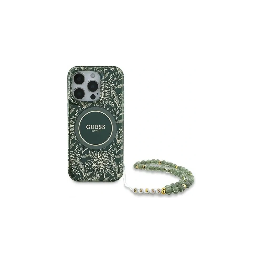 Etui Guess GUHMP16LHCPOFPA Apple iPhone 16 Pro hardcase IML Flowers Allover Electro With Pearl Strap MagSafe zielony/green