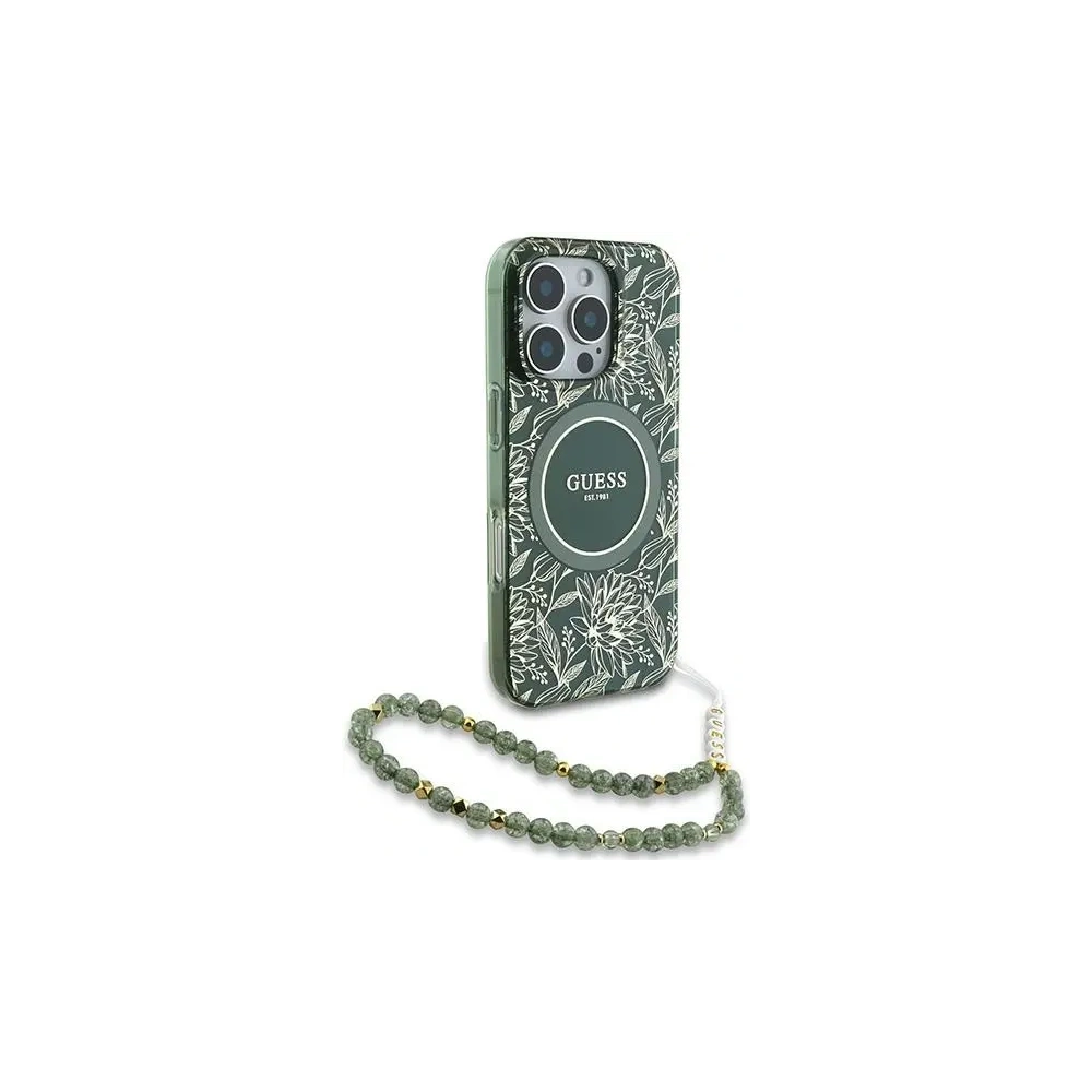 Etui Guess GUHMP16LHCPOFPA Apple iPhone 16 Pro hardcase IML Flowers Allover Electro With Pearl Strap MagSafe zielony/green
