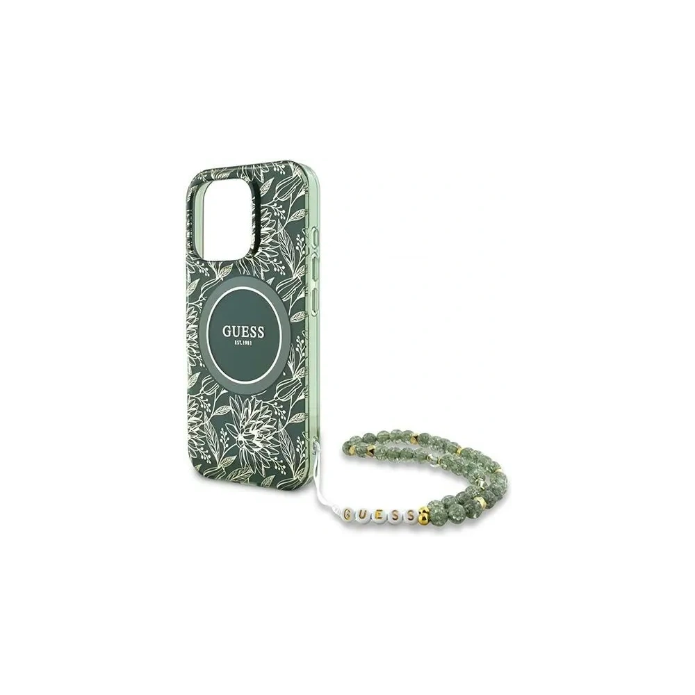 Etui Guess GUHMP16LHCPOFPA Apple iPhone 16 Pro hardcase IML Flowers Allover Electro With Pearl Strap MagSafe zielony/green