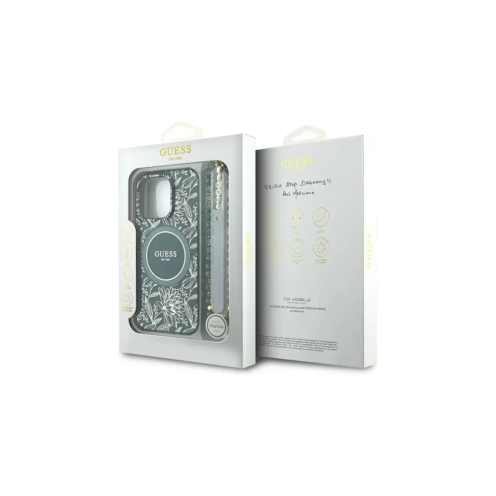 Etui Guess GUHMP16LHCPOFPA Apple iPhone 16 Pro hardcase IML Flowers Allover Electro With Pearl Strap MagSafe zielony/green