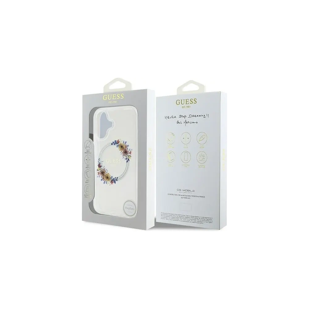 Etui Guess GUHMP16MHFWFCT Apple iPhone 16 Plus hardcase IML Flowers Wreath MagSafe przeźroczysty/transparent