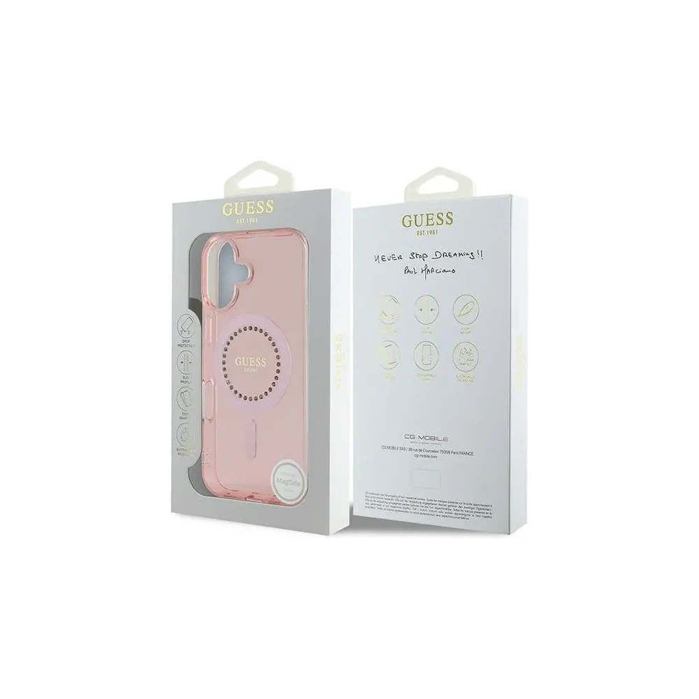 Etui Guess GUHMP16MPFTDTEP Apple iPhone 16 Plus hardcase IML Rhinestones MagSafe różowy/pink