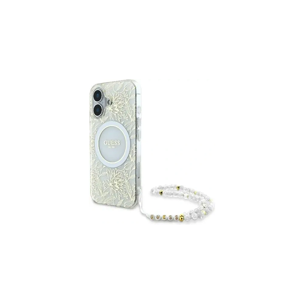 Etui Guess GUHMP16SHCPOFPH Apple iPhone 16 hardcase IML Flowers Allover Electro With Pearl Strap MagSafe biały/white