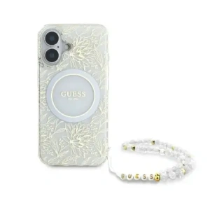 Buy Guess GUHMP16SHCPOFPH Apple iPhone 16 hardcase IML Flowers Allover Electro With Pearl Strap MagSafe white - GUE3649 - {ean13} - Home Screen Store Europe