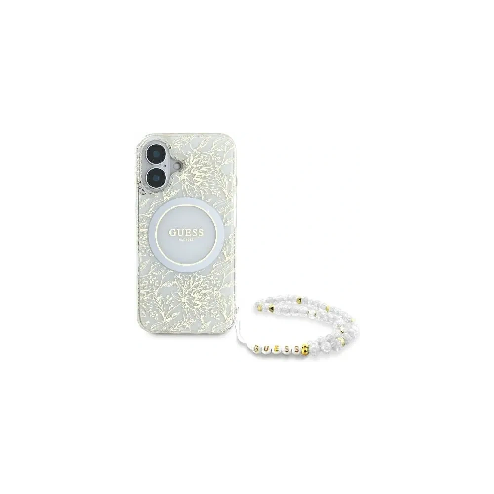 Etui Guess GUHMP16SHCPOFPH Apple iPhone 16 hardcase IML Flowers Allover Electro With Pearl Strap MagSafe biały/white