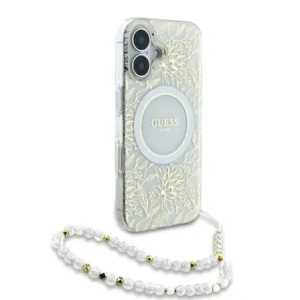 Buy Guess GUHMP16SHCPOFPH Apple iPhone 16 hardcase IML Flowers Allover Electro With Pearl Strap MagSafe white - GUE3649 - {ean13} - Home Screen Store Europe