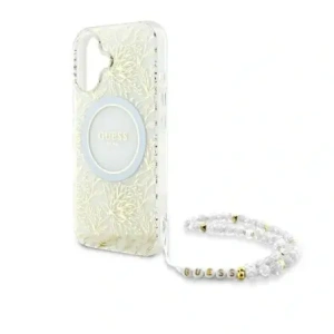 Buy Guess GUHMP16SHCPOFPH Apple iPhone 16 hardcase IML Flowers Allover Electro With Pearl Strap MagSafe white - GUE3649 - {ean13} - Home Screen Store Europe