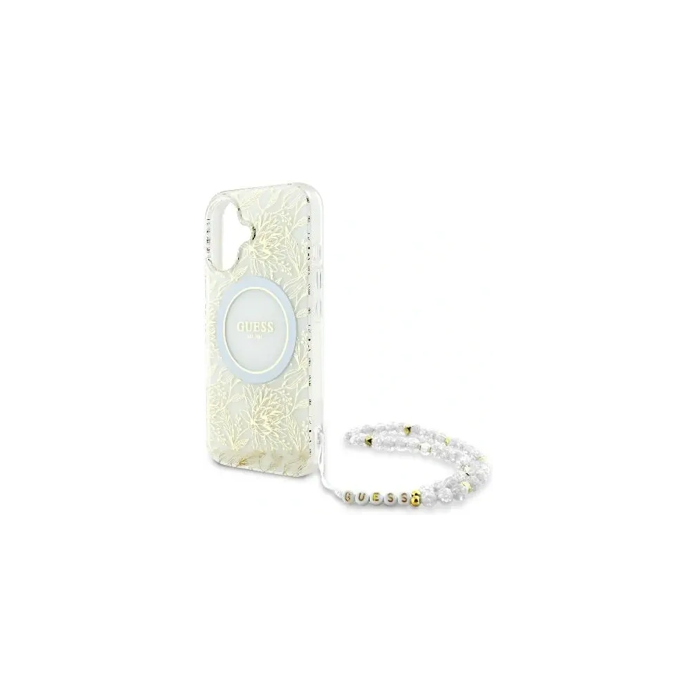 Etui Guess GUHMP16SHCPOFPH Apple iPhone 16 hardcase IML Flowers Allover Electro With Pearl Strap MagSafe biały/white