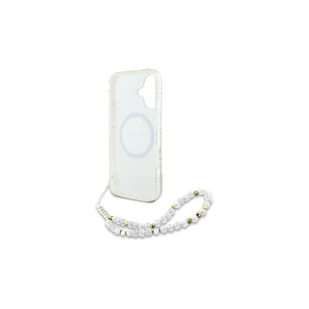 Etui Guess GUHMP16SHCPOFPH Apple iPhone 16 hardcase IML Flowers Allover Electro With Pearl Strap MagSafe biały/white