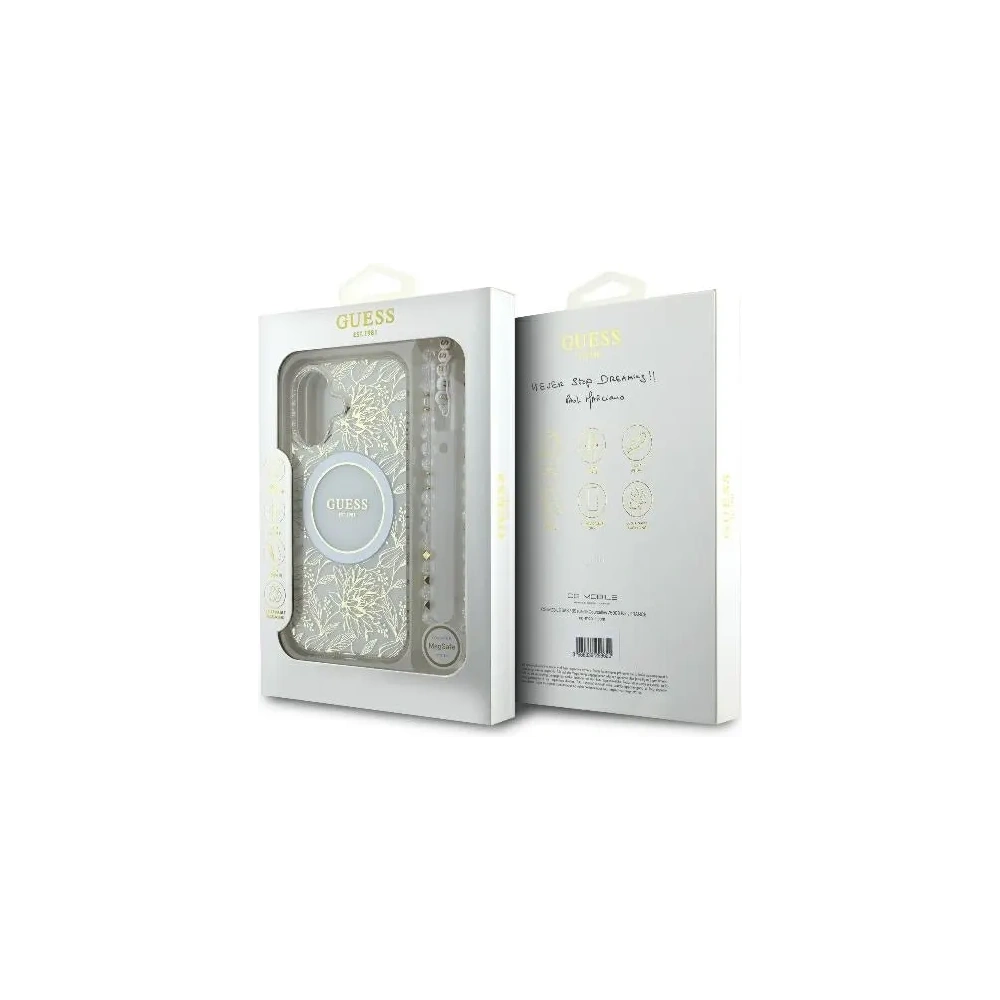 Etui Guess GUHMP16SHCPOFPH Apple iPhone 16 hardcase IML Flowers Allover Electro With Pearl Strap MagSafe biały/white