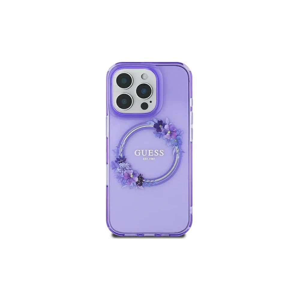 Etui Guess GUHMP16SHFWFCU Apple iPhone 16 hardcase IML Flowers Wreath MagSafe fioletowy/purple